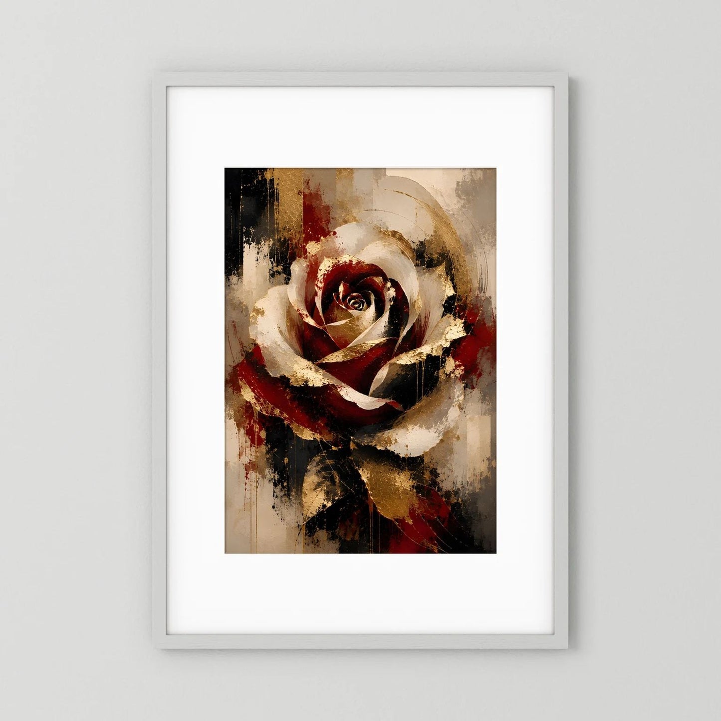 Gerahmtes Poster mit abstrakter Rose in Rot-Gold und Schwarz