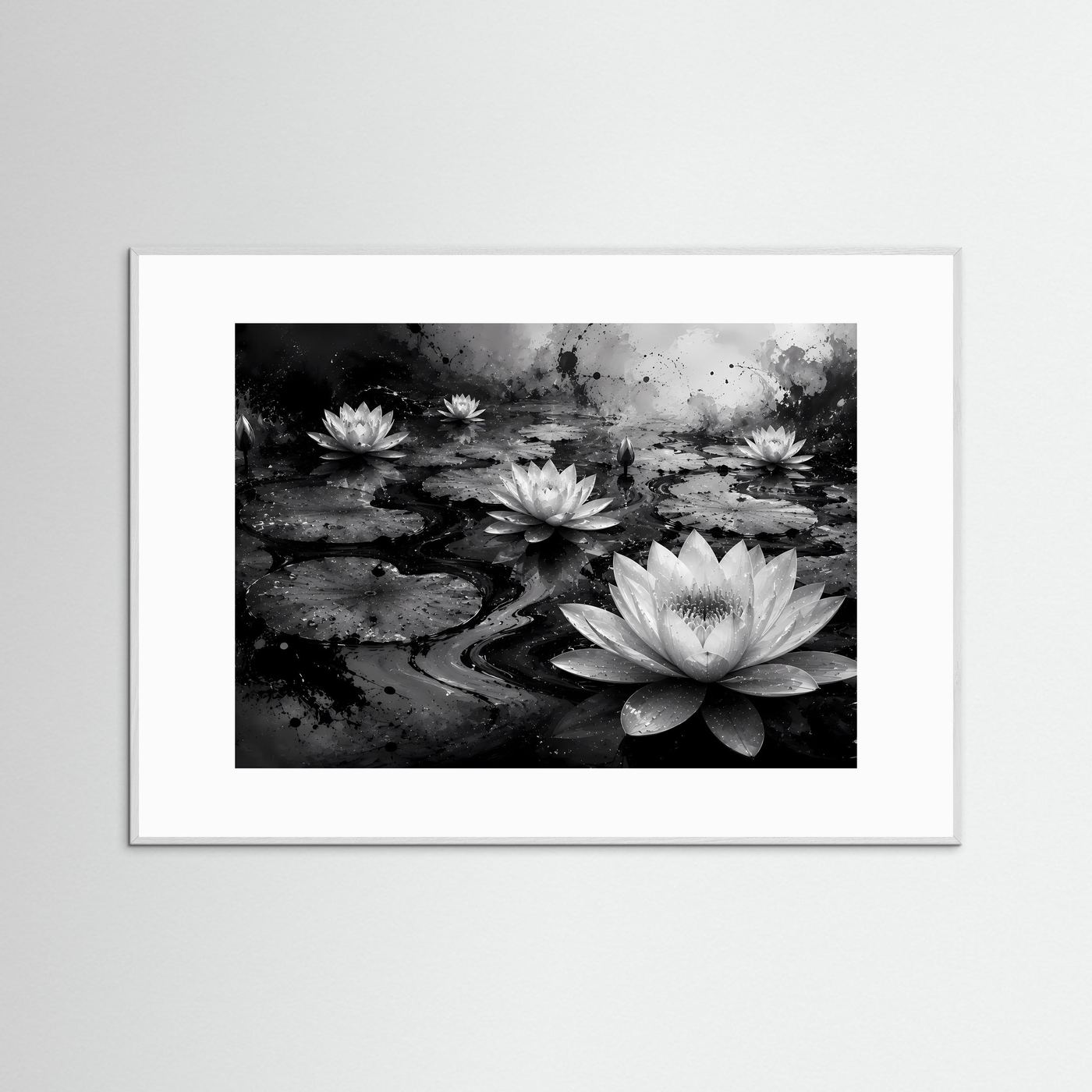 Weiße Seerosen auf schwarzem Wasser | Elegante Schwarz-Weiß Naturkunst – Moderner Lotus Teich