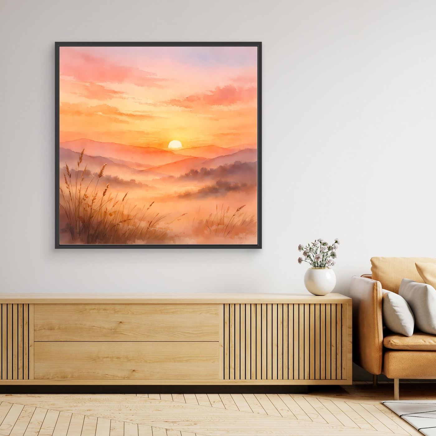 Leinwandbild Sonnenuntergang in den Bergen, warmes Aquarell, schwarzer Rahmen
