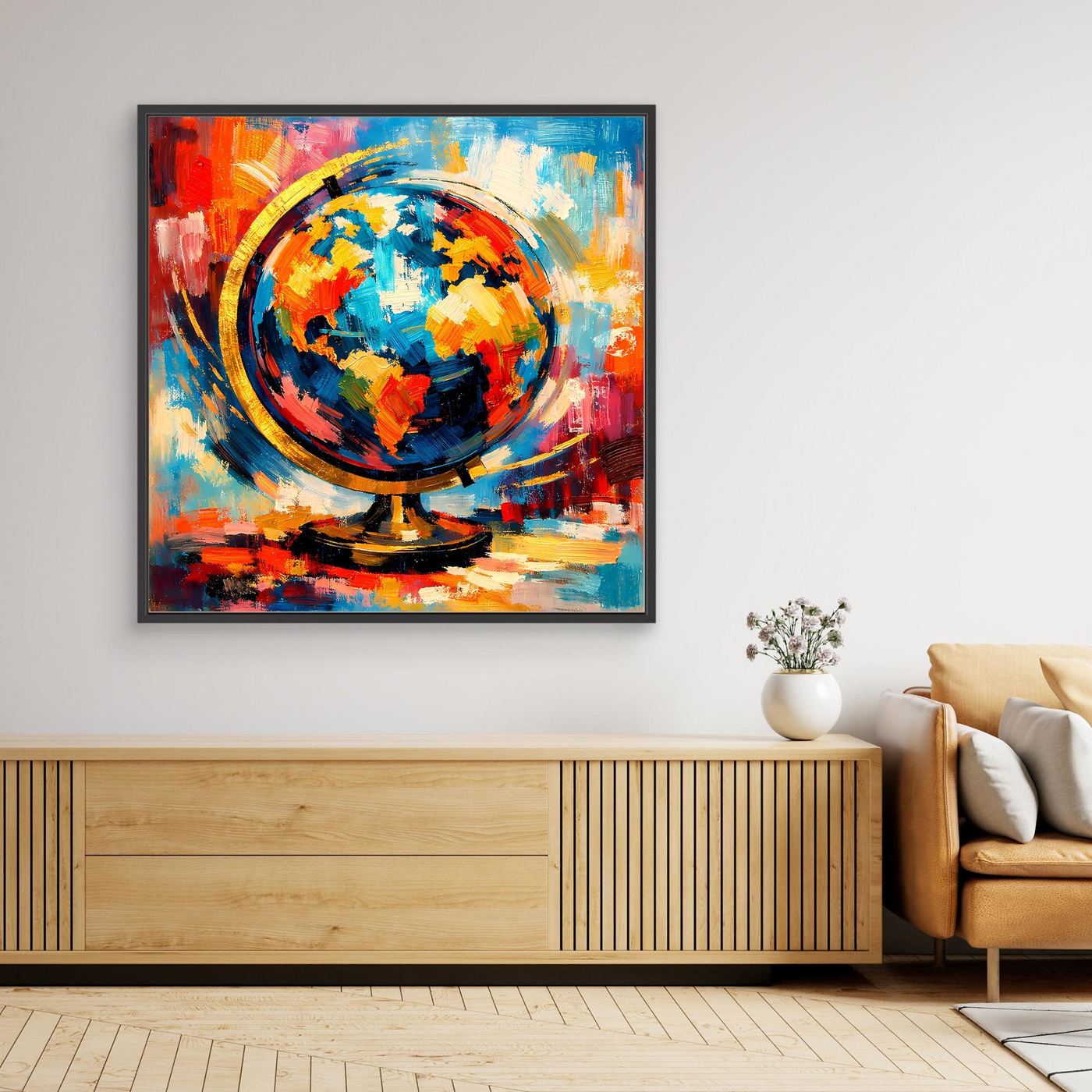 Quadratisches Leinwandbild zeigt farbigen Globus mit Weltkarte, Rahmen in Dunkel
