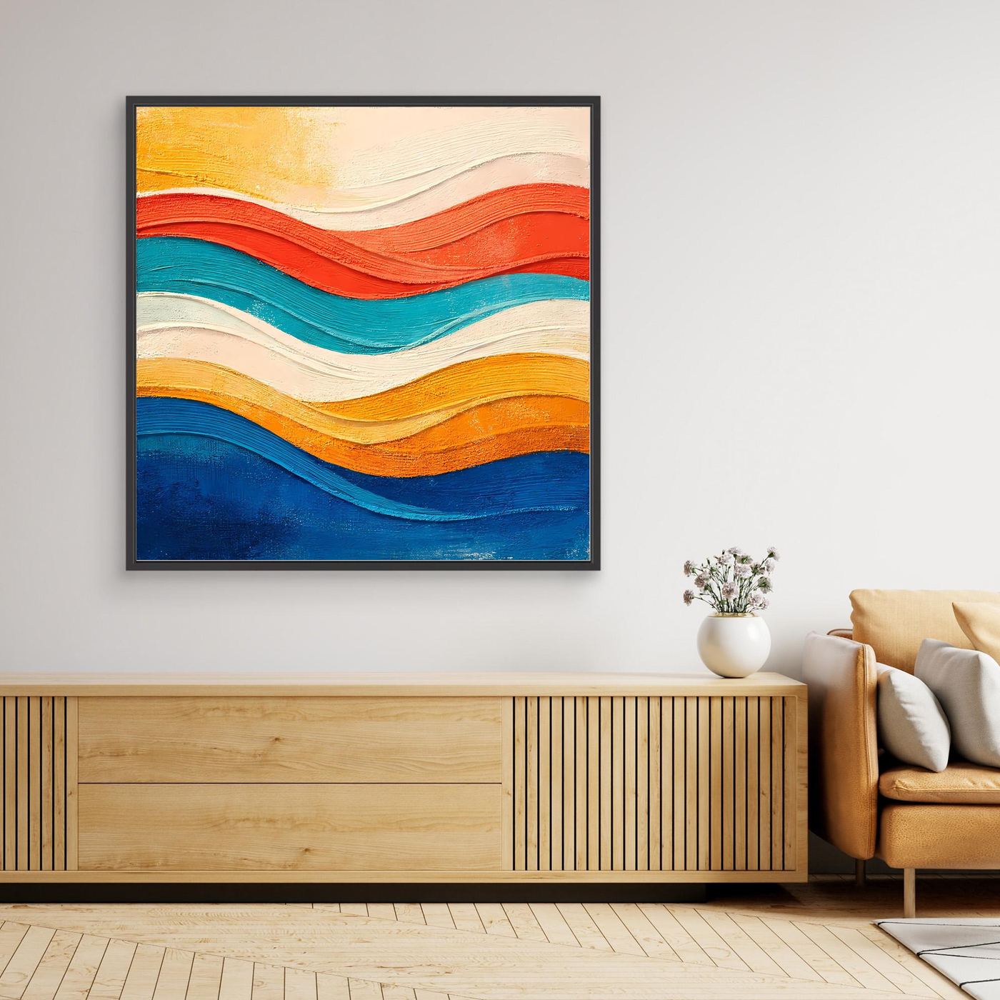 Abstraktes Leinwand-Wandbild mit wellenförmigen Farbbändern im Relief, mit schwarzem Rahmen