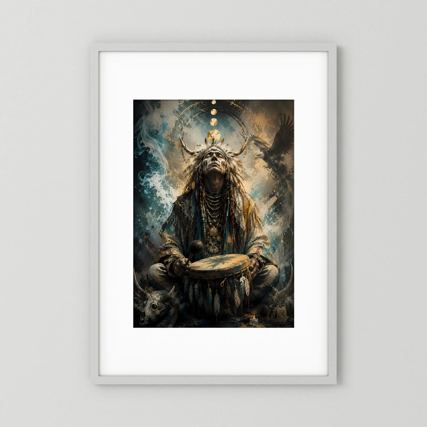 Gerahmtes Kunstposter im Hochformat: Schamane mit Trommel, Adlermotiv, goldene und türkisfarbene Akzente