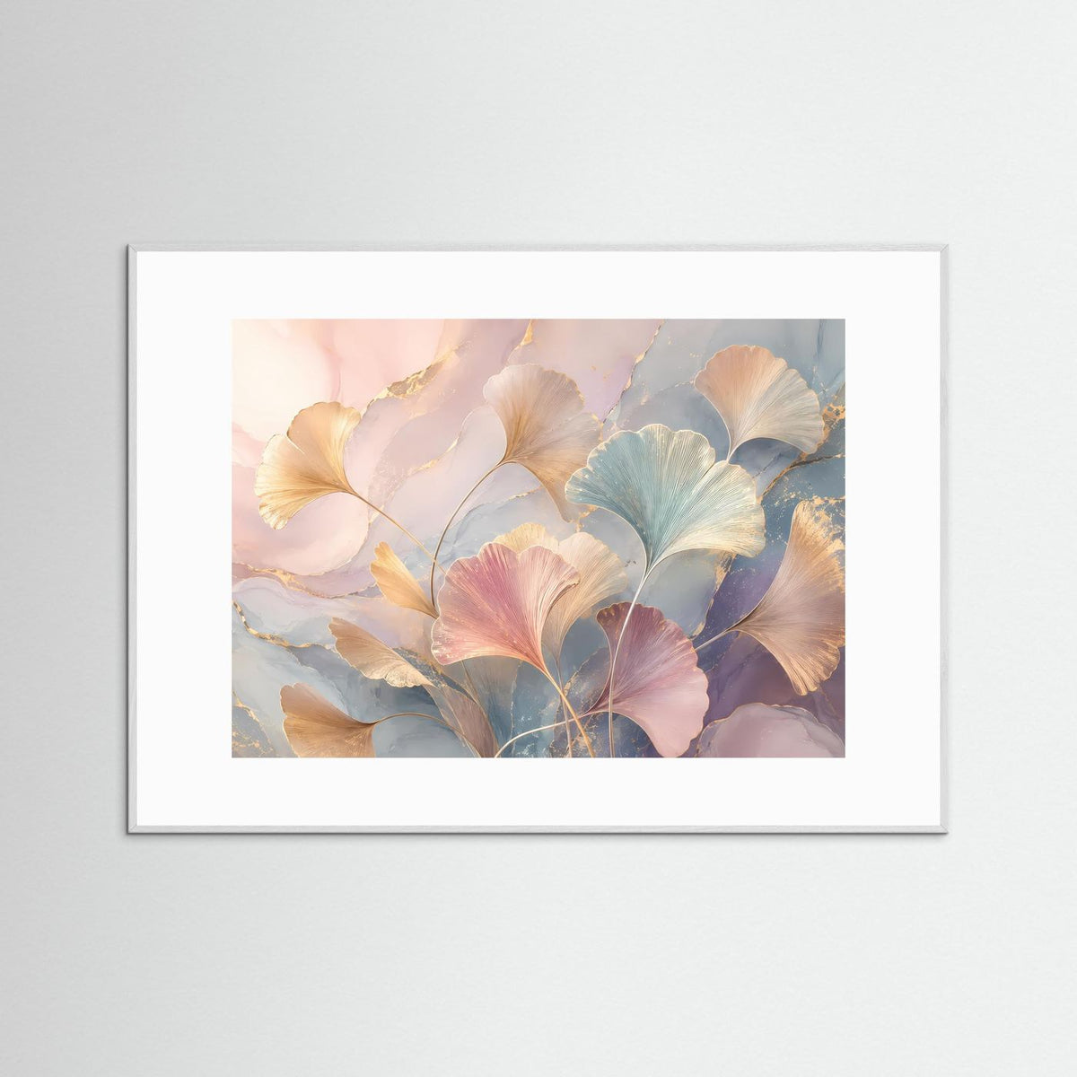 Ginkgo-Blätter-Poster mit Pastell-Blattmotiv, grauer Rahmen