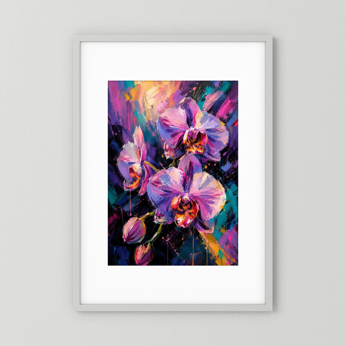 Hochformatposter mit abstrakten Orchideen in Pink und Violett, farbiges Blumenmotiv