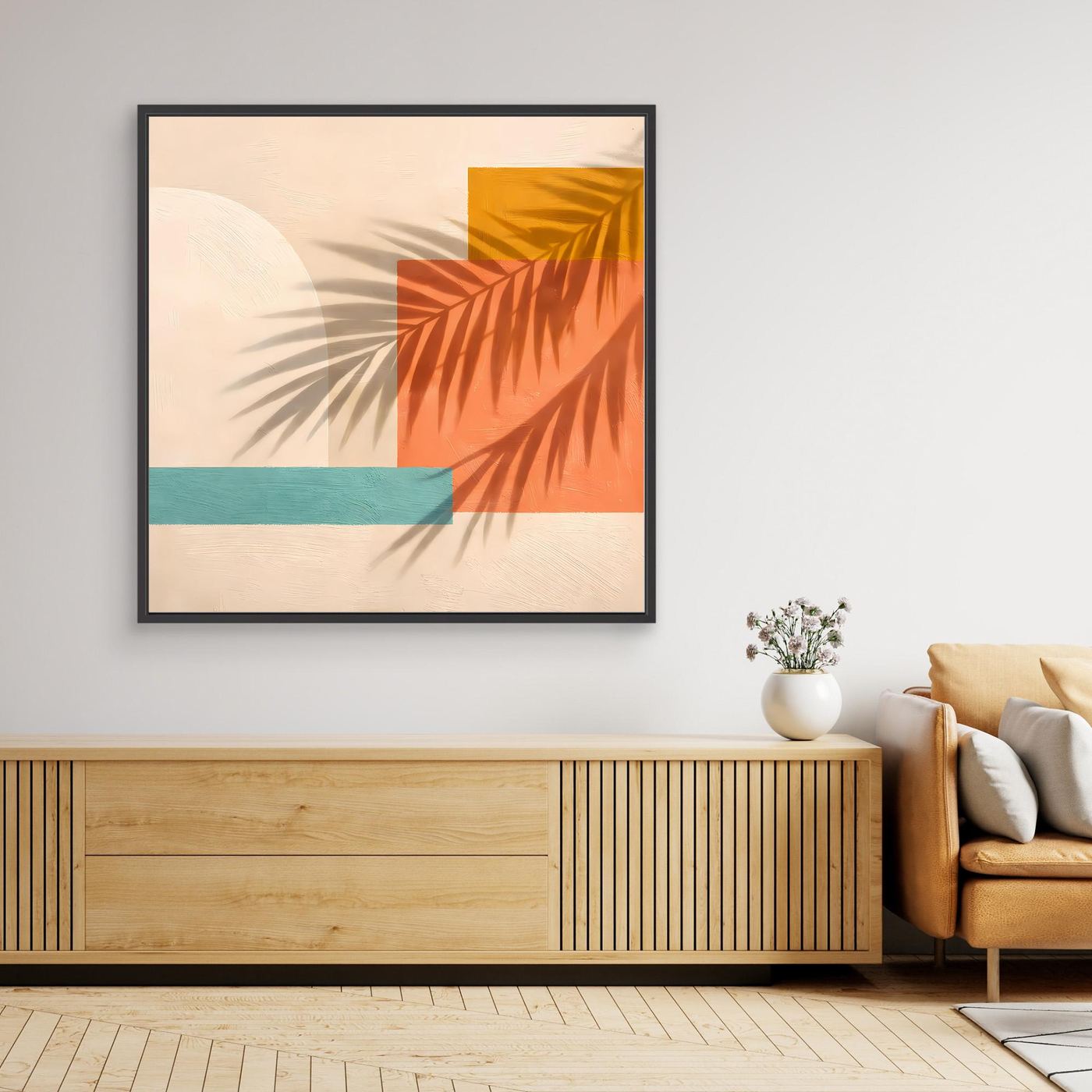 Leinwand Abstrakte Geometrie mit Palmenschatten | Modernes Boho Wandbild Terracotta