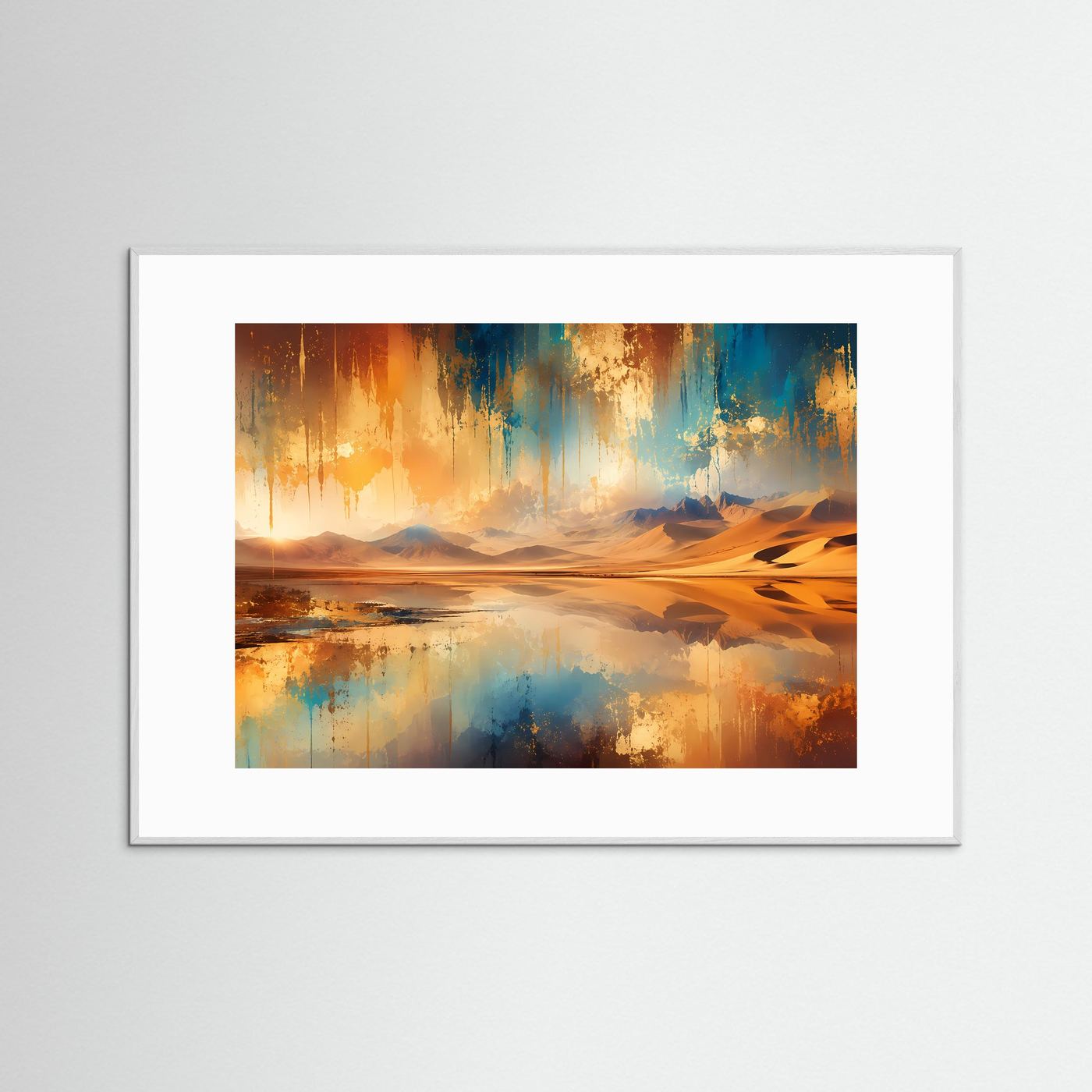 Abstrakte Wüstenlandschaft Poster Querformat | Modernes Panorama Wandbild in Gold, Blau & Sandfarben | Elegante Landschaftskunst