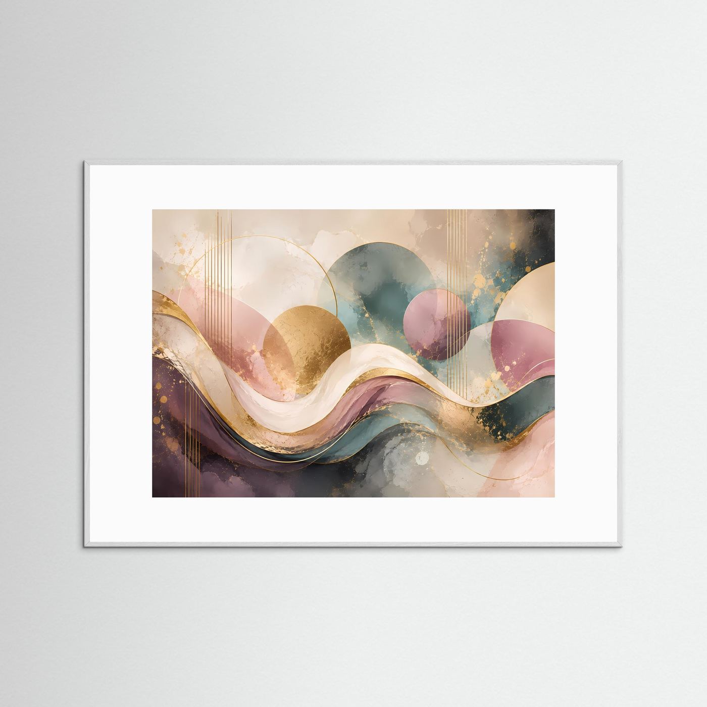 Abstrakte Wellen Poster Querformat | Moderne Wandkunst in Rosa, Gold, Petrol & Creme | Elegantes Luxus Wandbild mit geometrischen Formen