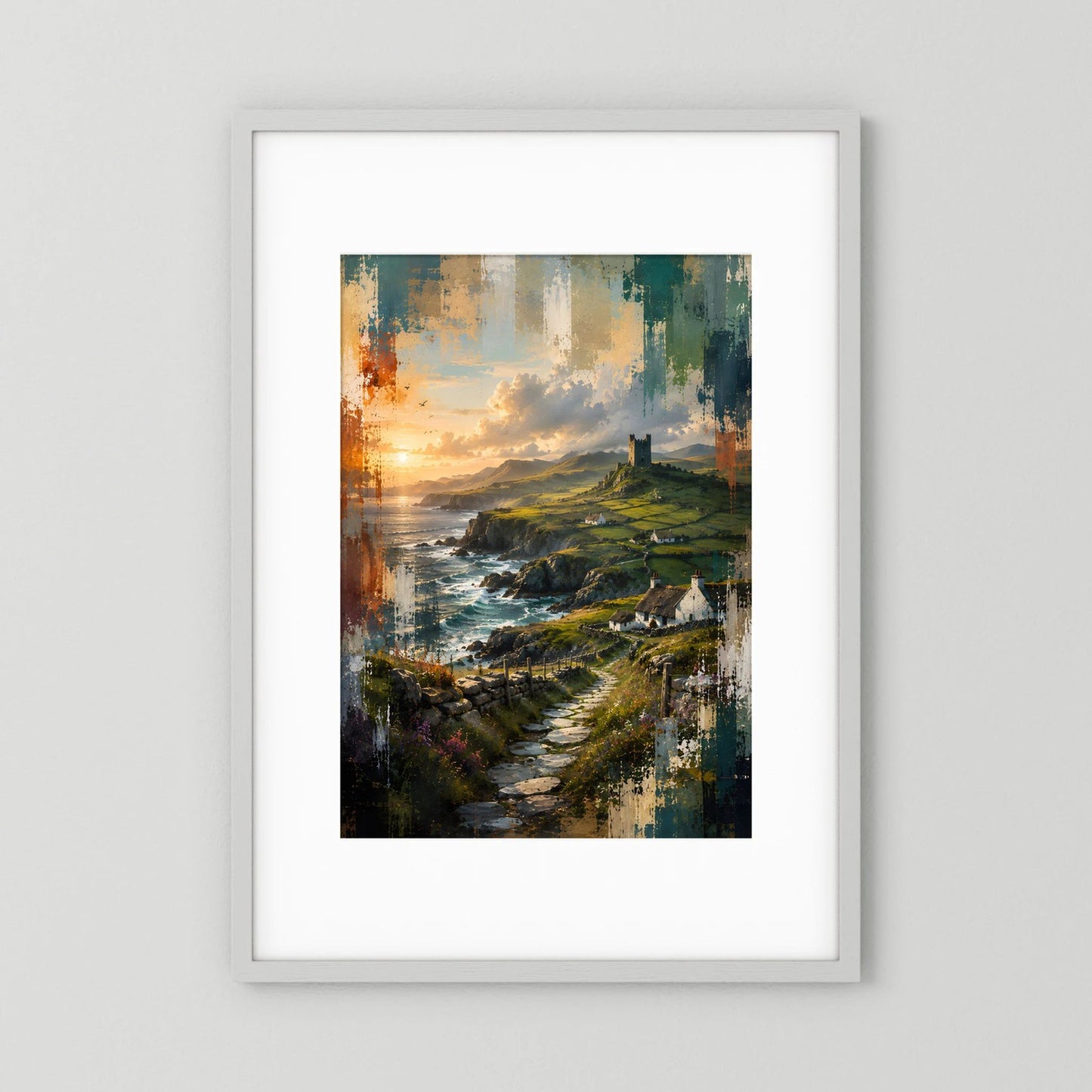 Gerahmtes Landschaftsposter im Hochformat mit grünen Klippen, Weg am Meer und Burgturm