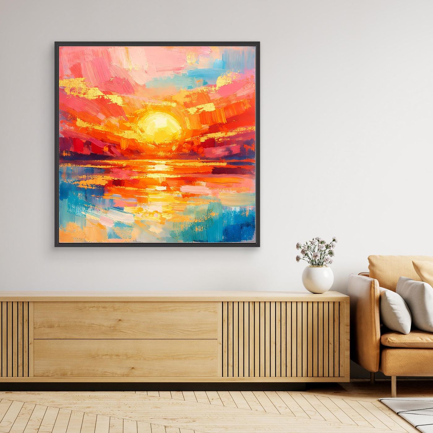 Abstraktes Leinwandbild mit Sonnenuntergangs-Motiv, schwarzer Rahmen