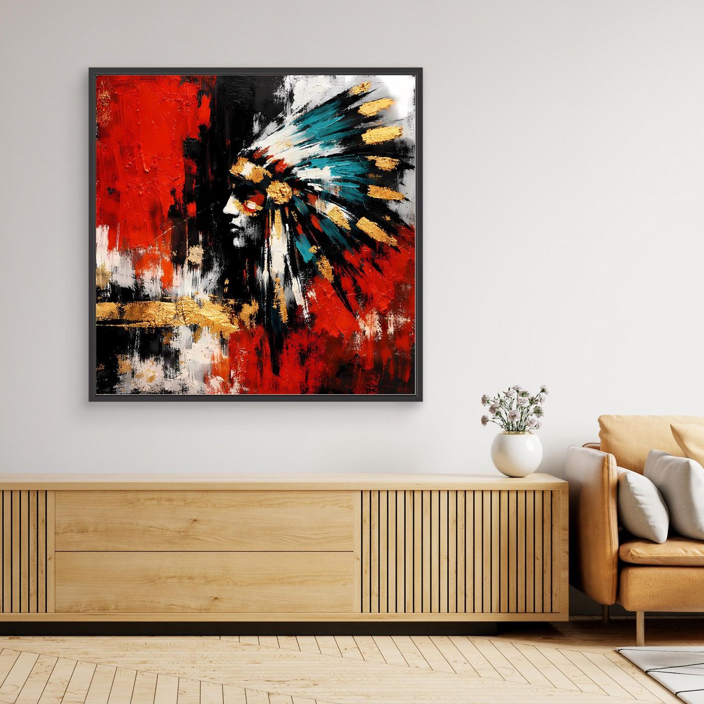 Wandbild mit schwarzem Rahmen, abstraktes Porträt in Rot, Türkis und Weiß