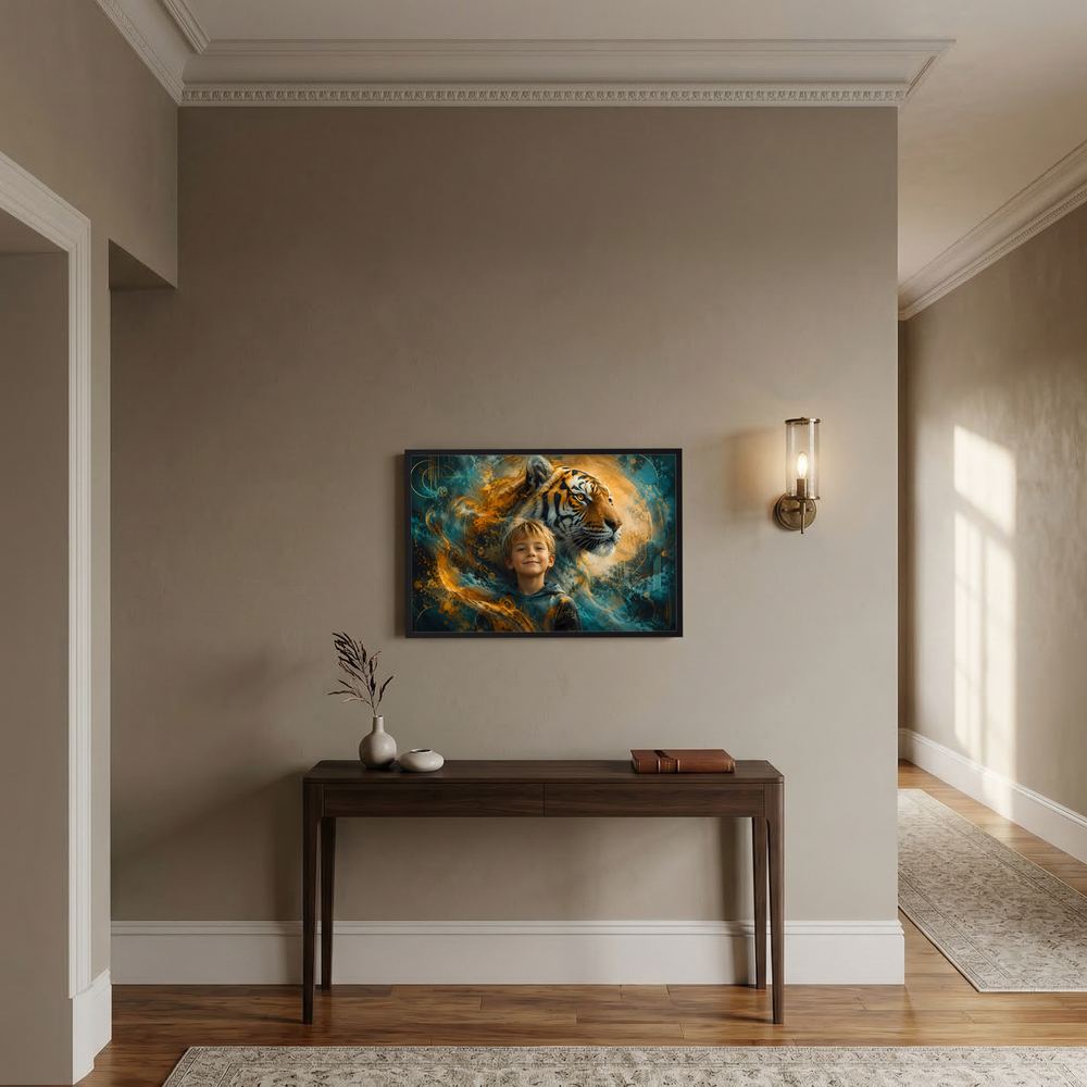 Querformatiges Poster mit Tiger- und Jungenmotiv in Türkis und Gold