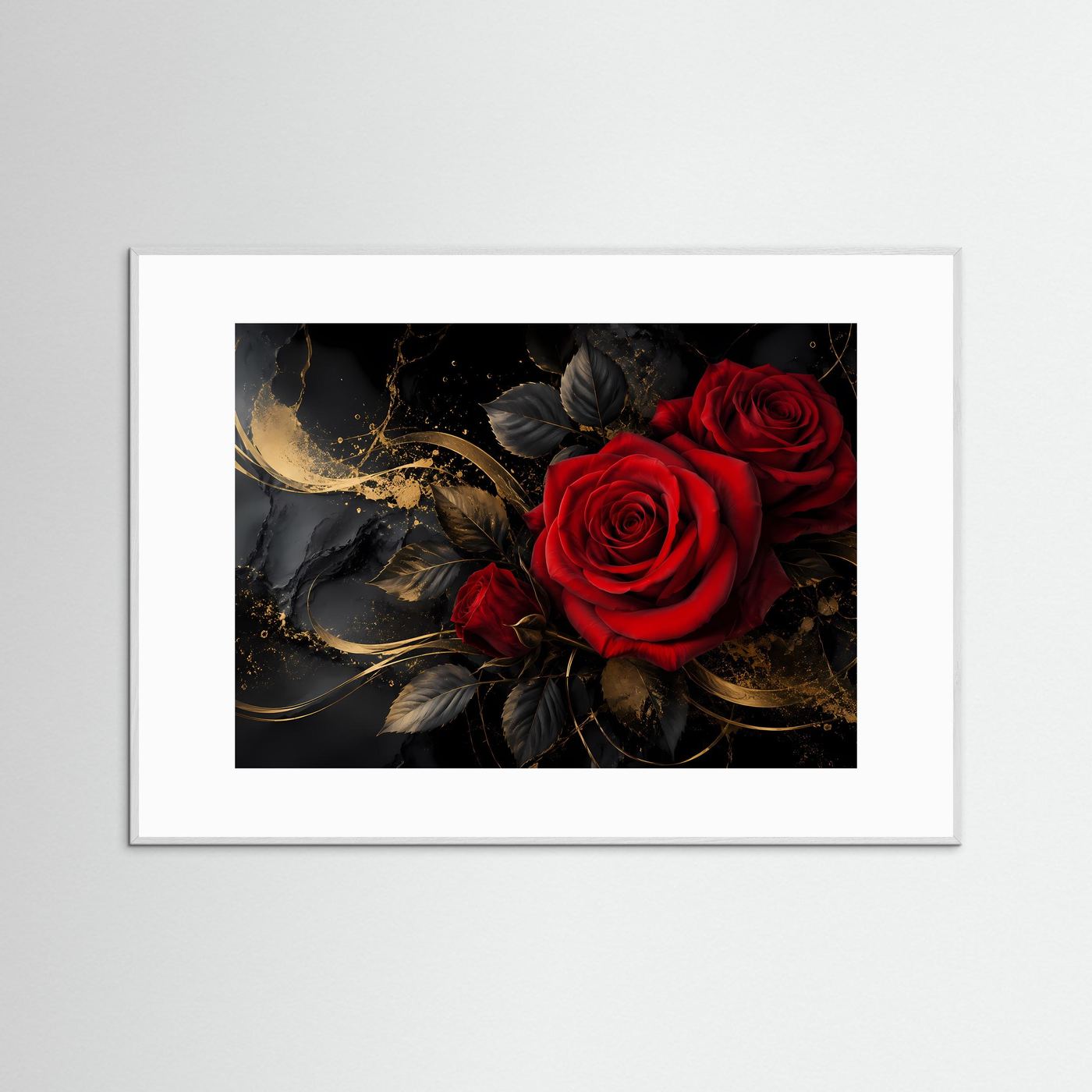 Dramatische Romantik | Rote Rosen & Gold Akzente Poster im Modern Art Stil