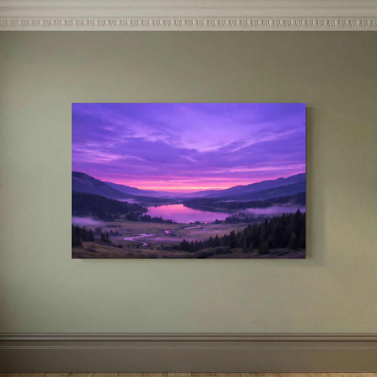 Querformat-Wandbild mit Bergtal, Fluss und buntem Sonnenuntergangshimmel