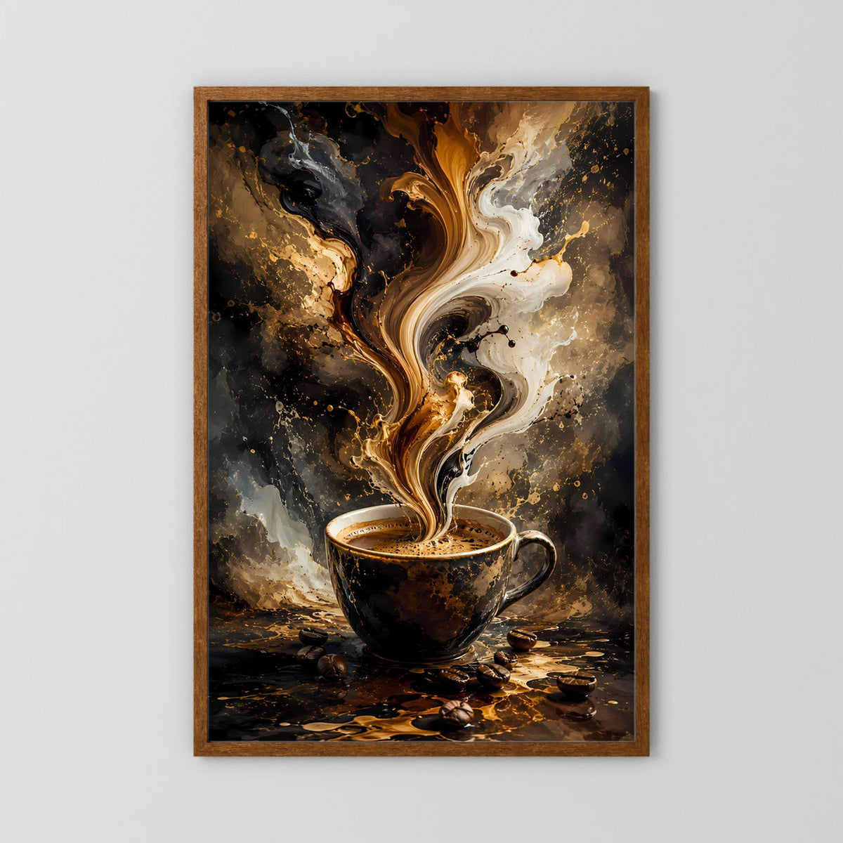 Abstraktes Kaffee-Poster im braunen Holzrahmen, goldene Wirbel über schwarzer Tasse