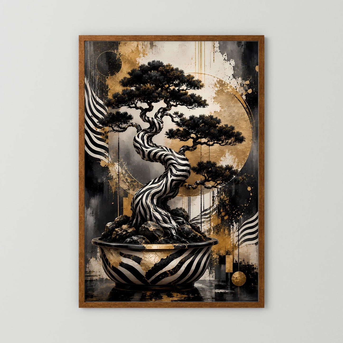 Zebra Bonsai | Abstrakter Baum in Schwarz Weiß Gold | Poster Hochformat