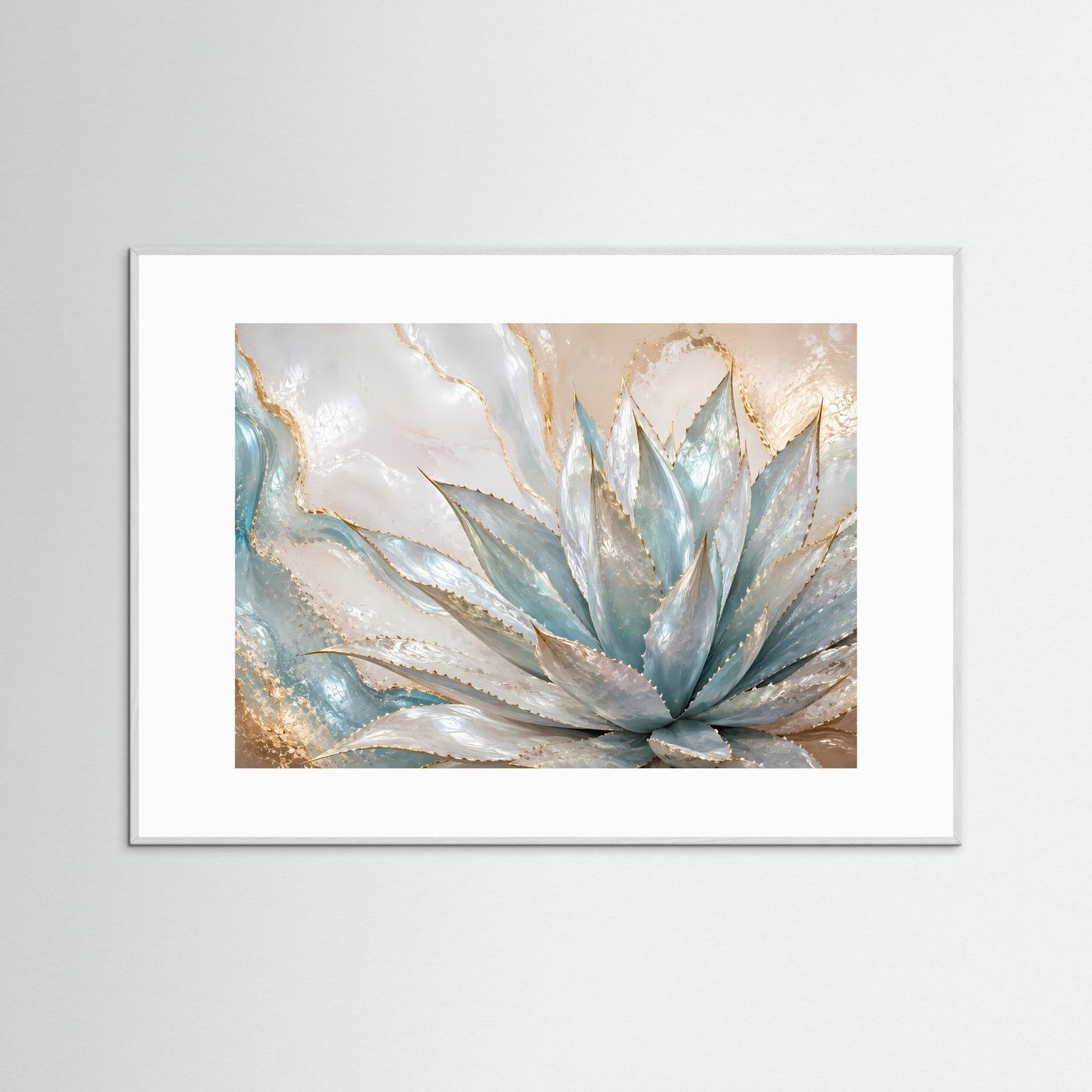 Poster mit abstrakter Agave in Blau, mit grauem Rahmen im Querformat