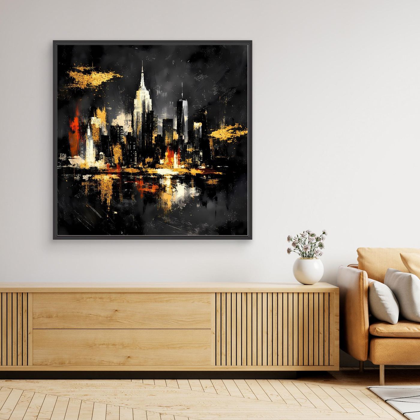 Leinwand Goldene New York Skyline bei Nacht | Abstraktes NYC Wandbild Modern