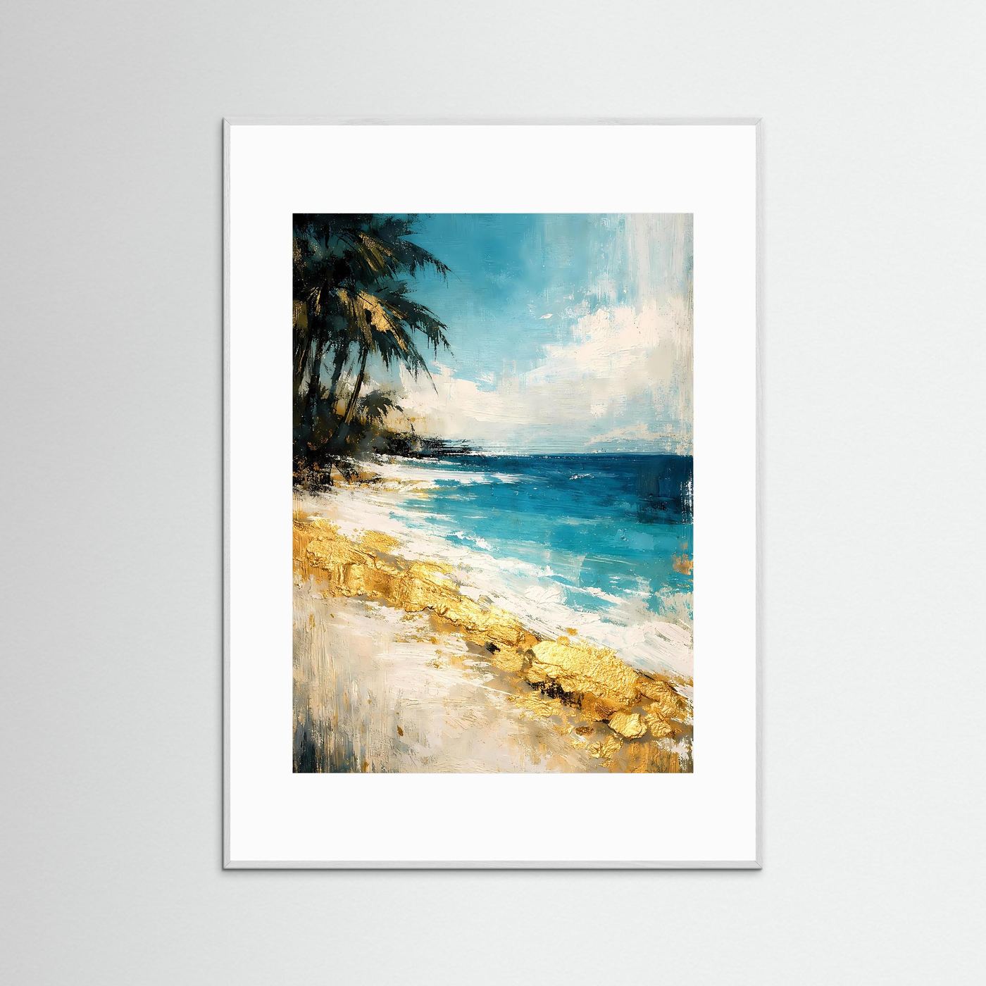 Hochformatiges Strandkunstposter mit Palme, türkisblauem Meer und goldenen Pinselspuren