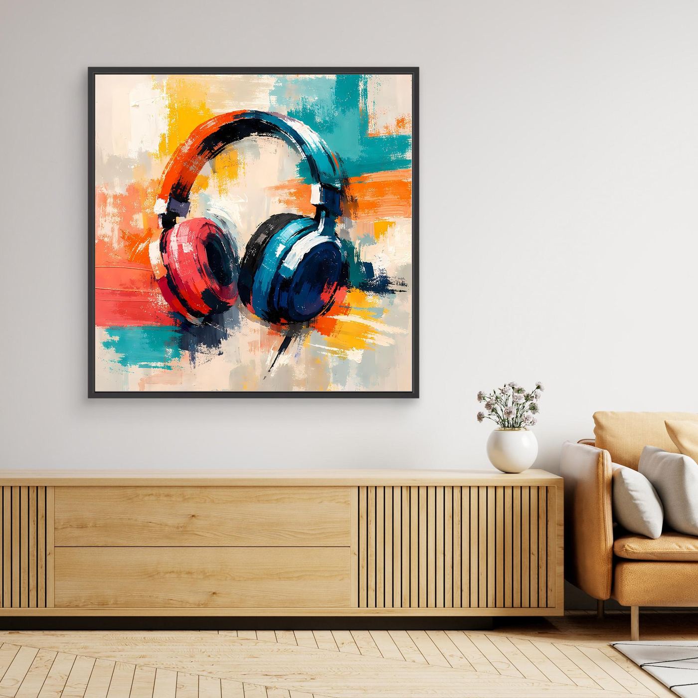 Abstract wall art painting with colorful over-ear headphones, black frame