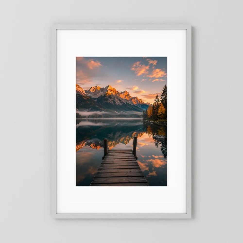 Hochformatiges Kunstposter mit Berge-Seelandschaft, Holzsteg und Spiegelung im Abendlicht
