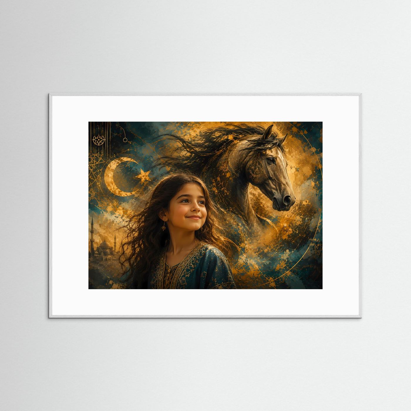 Türkisches Mädchen mit Pferd | Mystische Wandkunst in Gold & Petrol