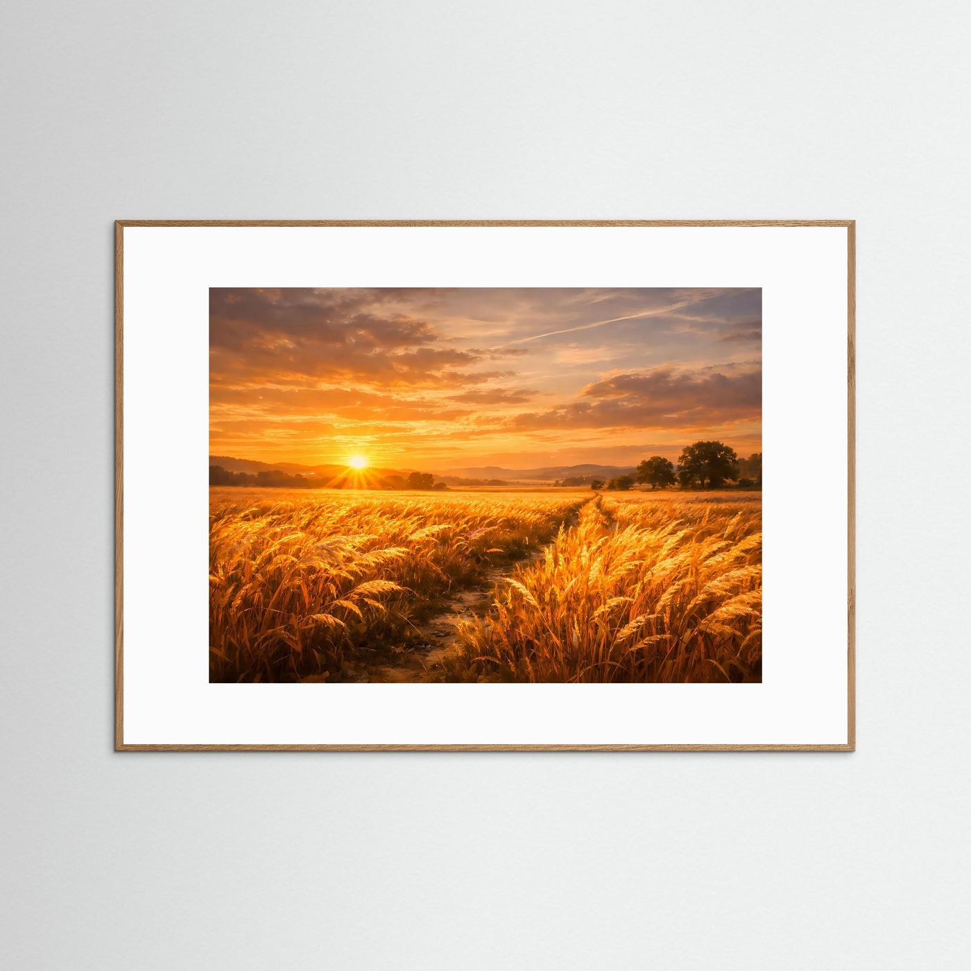 Wandbild Poster mit goldenem Getreidefeld im Sonnenuntergang, heller Holzrahmen