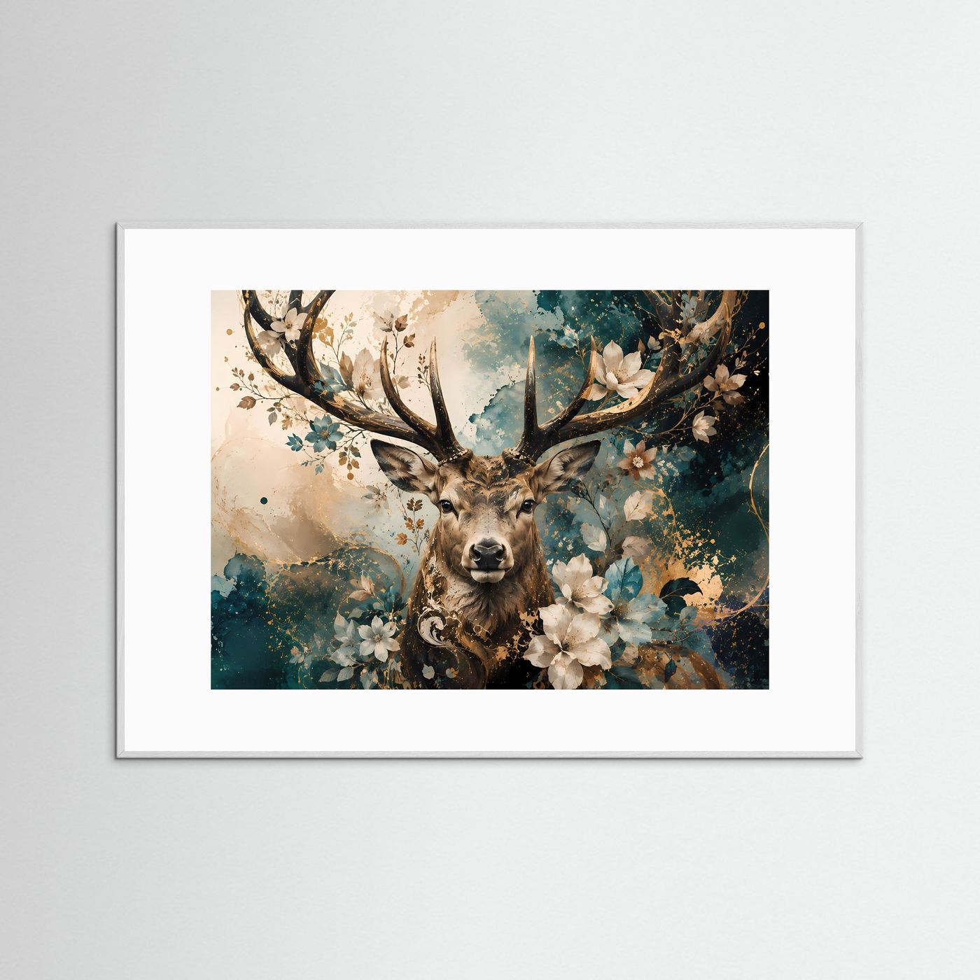 Hirsch Poster | Florales Hirsch Wandbild | Elegante Hirschkunst mit Blumen | Modernes Natur Wandbild | Abstrakte Premium Wall Art