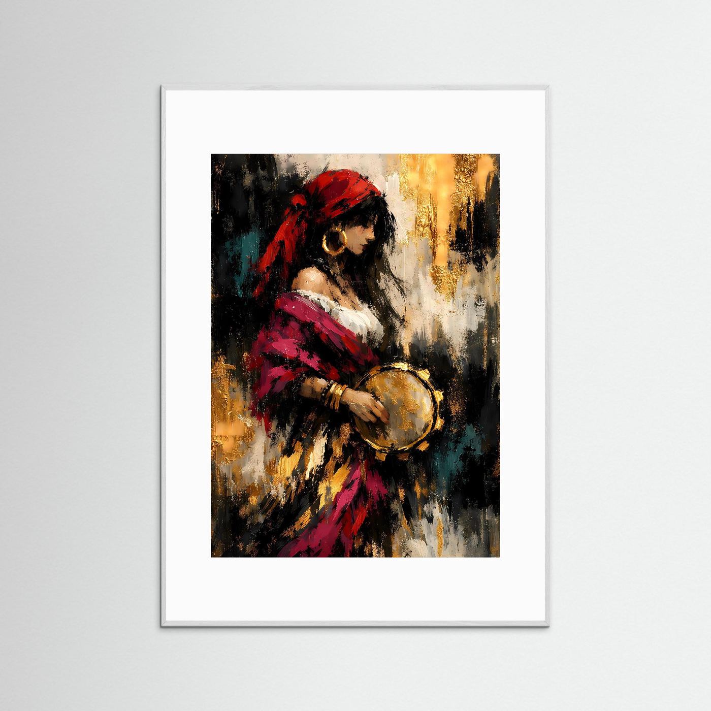 Kunstposter Hochformat mit Porträtfrau und Tamburin, abstrakte Farben, hellgrauer Rahmen