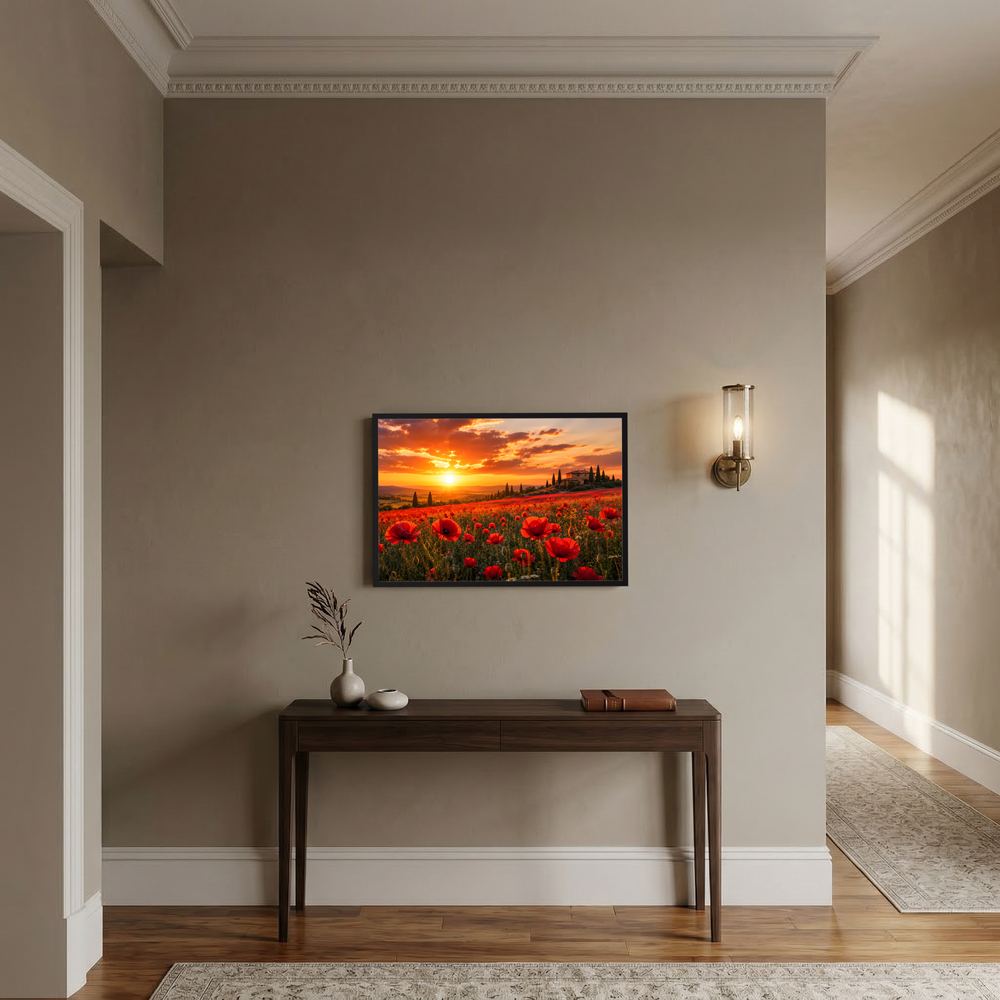 Gerahmtes Poster im Querformat mit roten Mohnblumen und Sonnenuntergang