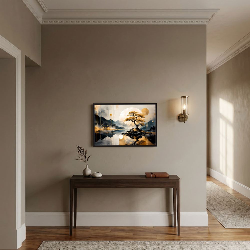 Querformat-Poster mit goldener und blauer Zen-Landschaft, Baum über Wasser im Rahmen