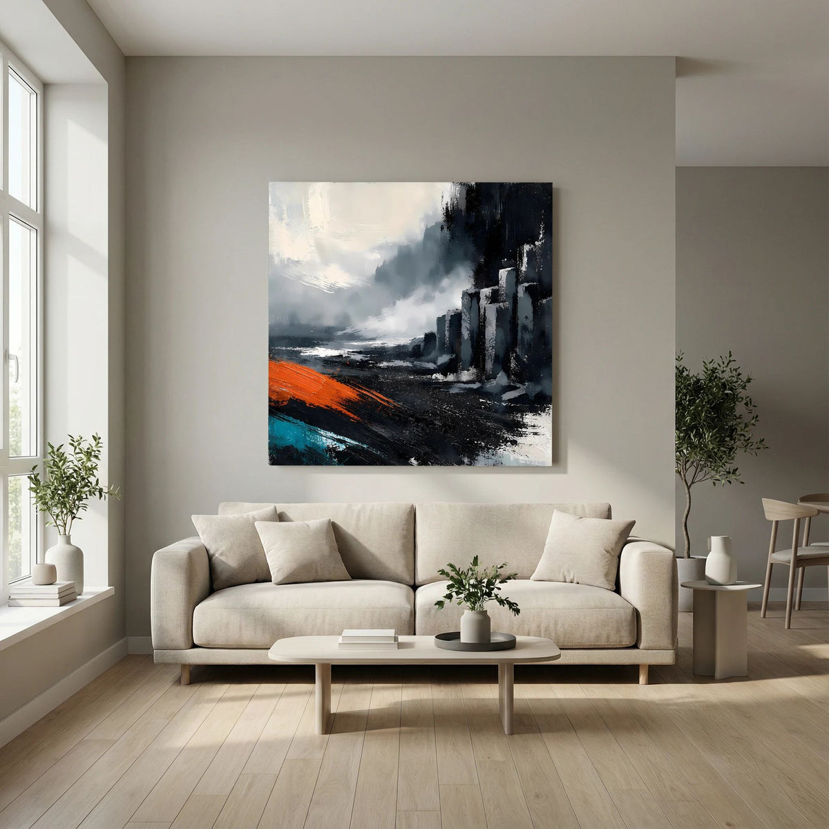 Leinwand Abstraktes Basaltsäulen Gemälde | Modernes Isländisches Vulkan Wandbild Schwarz Orange