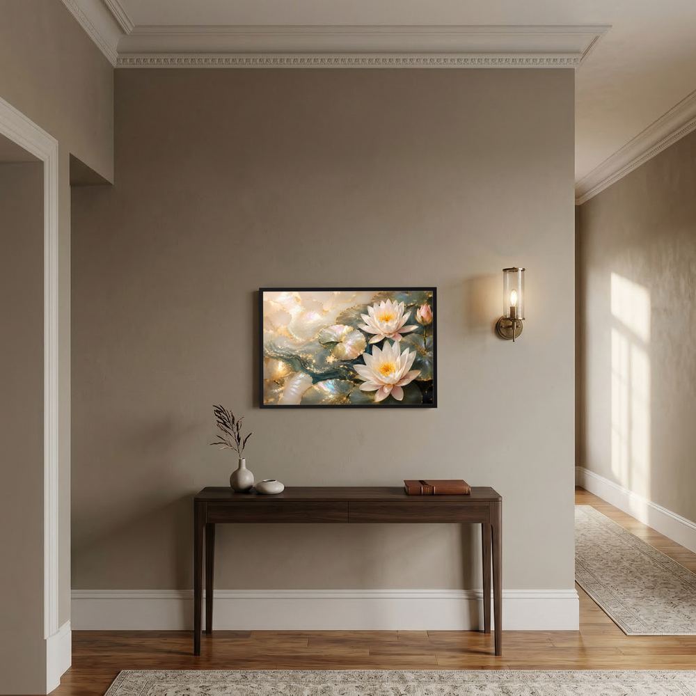 Querformatiges Poster mit Seerosenblüten in Creme und Gold im schwarzen Rahmen