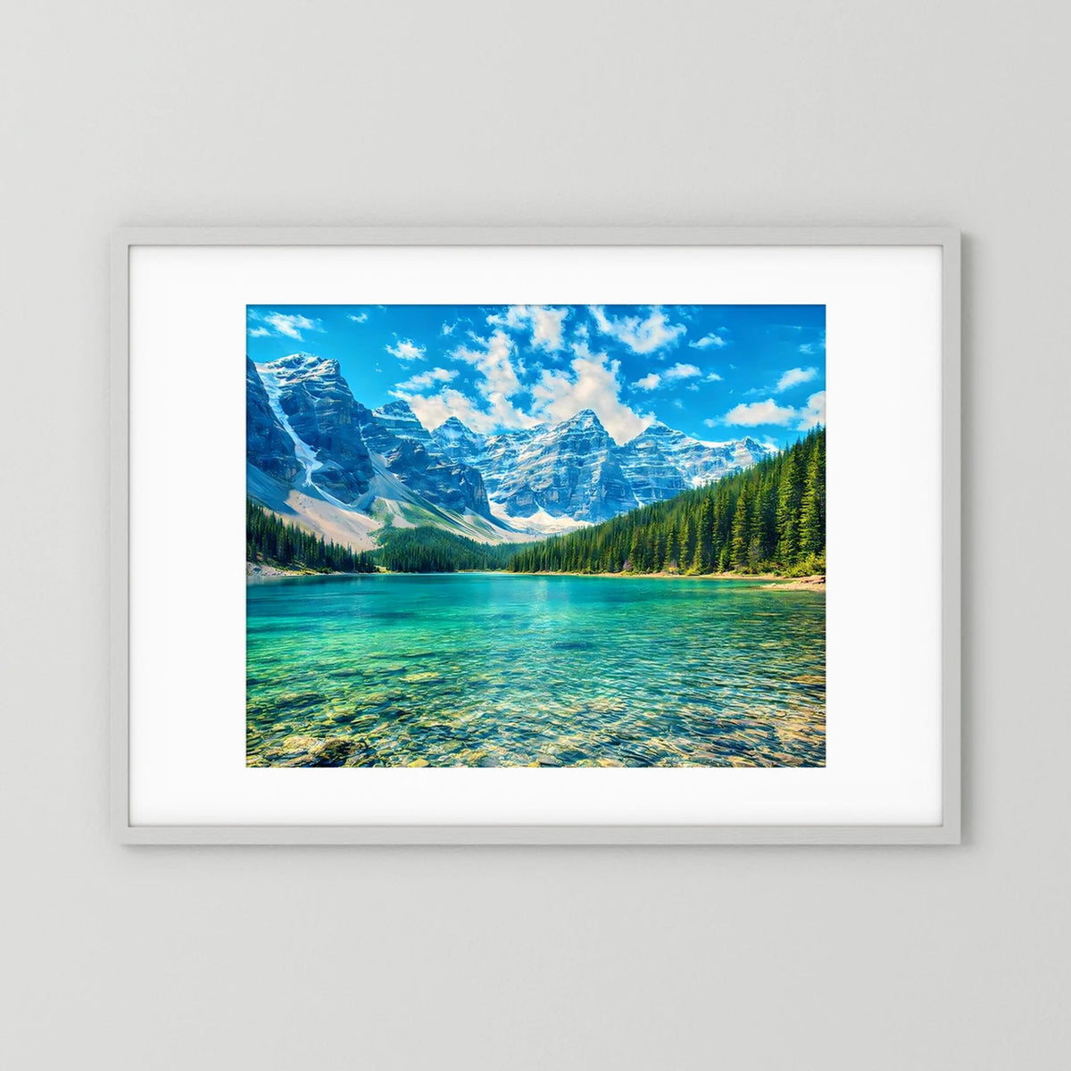 Querformat-Wandbild mit türkisblauem See, Bergen und grünen Wäldern im weißen Rahmen