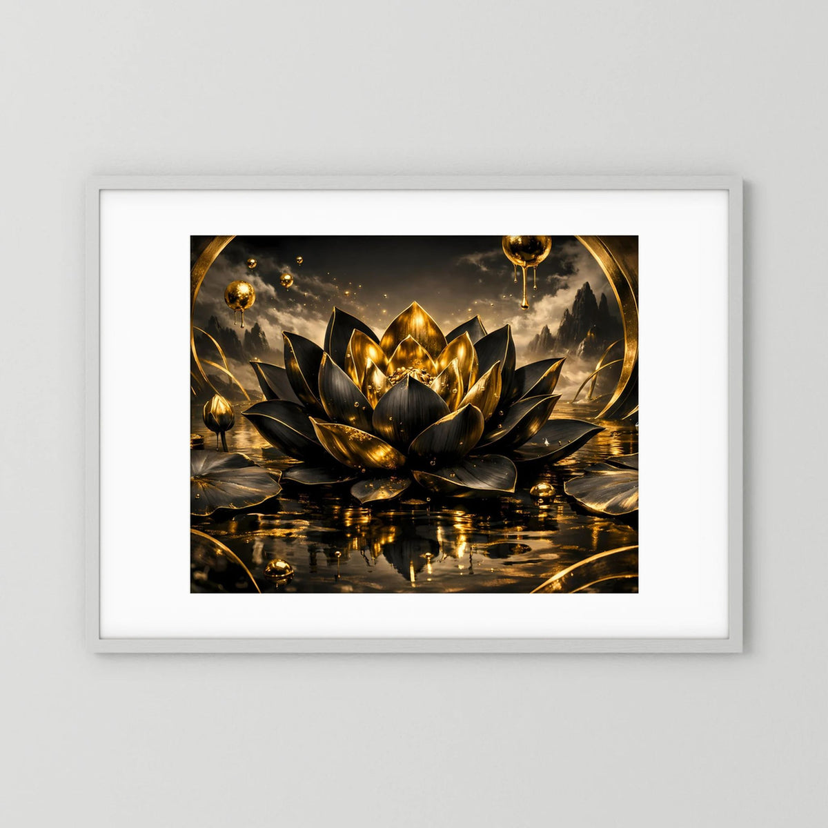 Gerahmtes Poster mit gold-schwarzer Lotusblüte im Querformat, weißer Rahmen