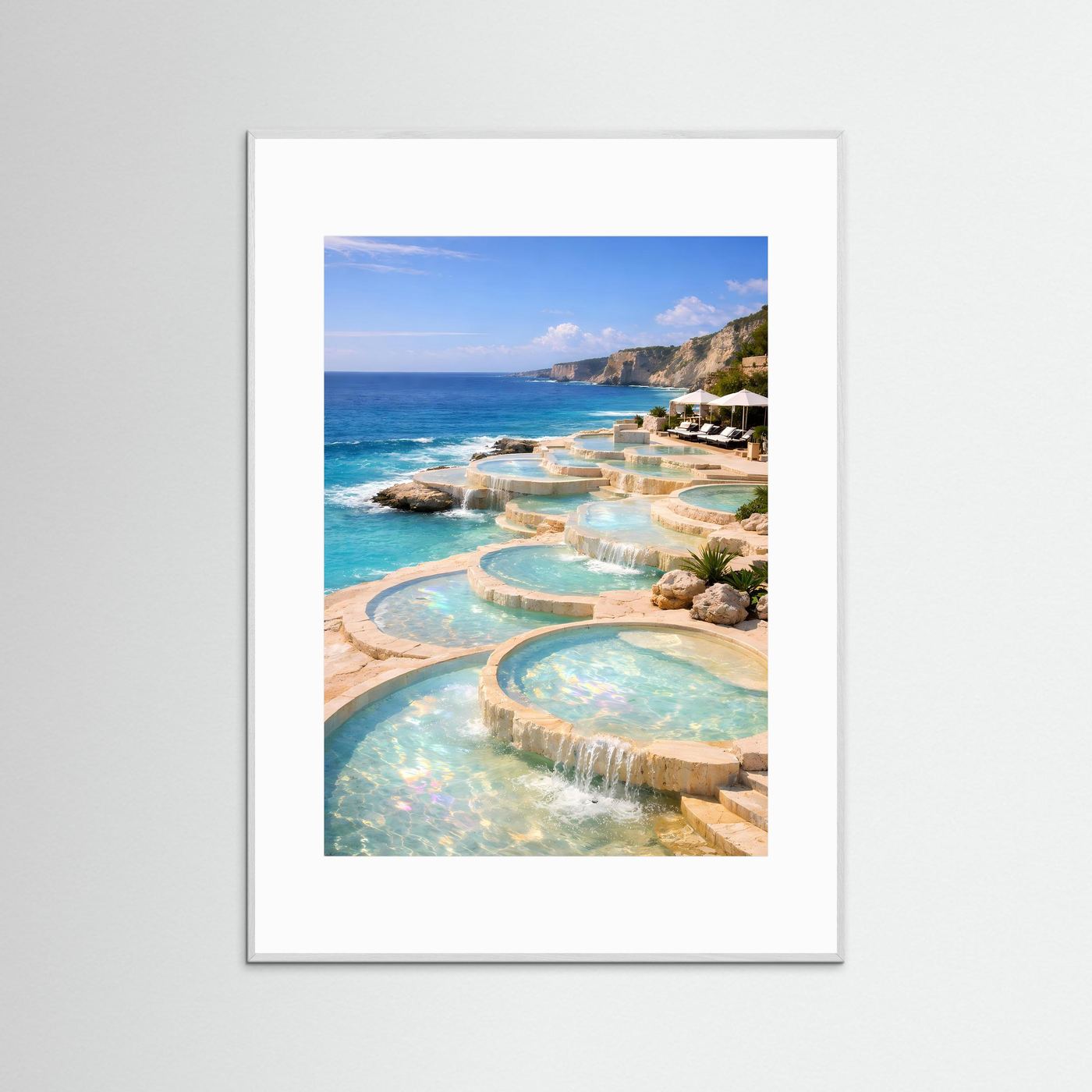 Spa-Poster mit Infinity-Pools am Meer in Türkisfarben, ohne sichtbaren Rahmen