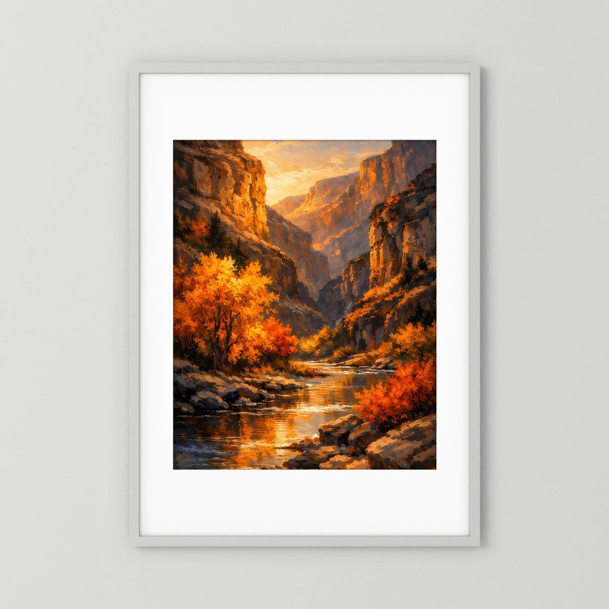 Wandbild im weißen Rahmen mit Passepartout: Herbstlicher Canyon bei Sonnenuntergang