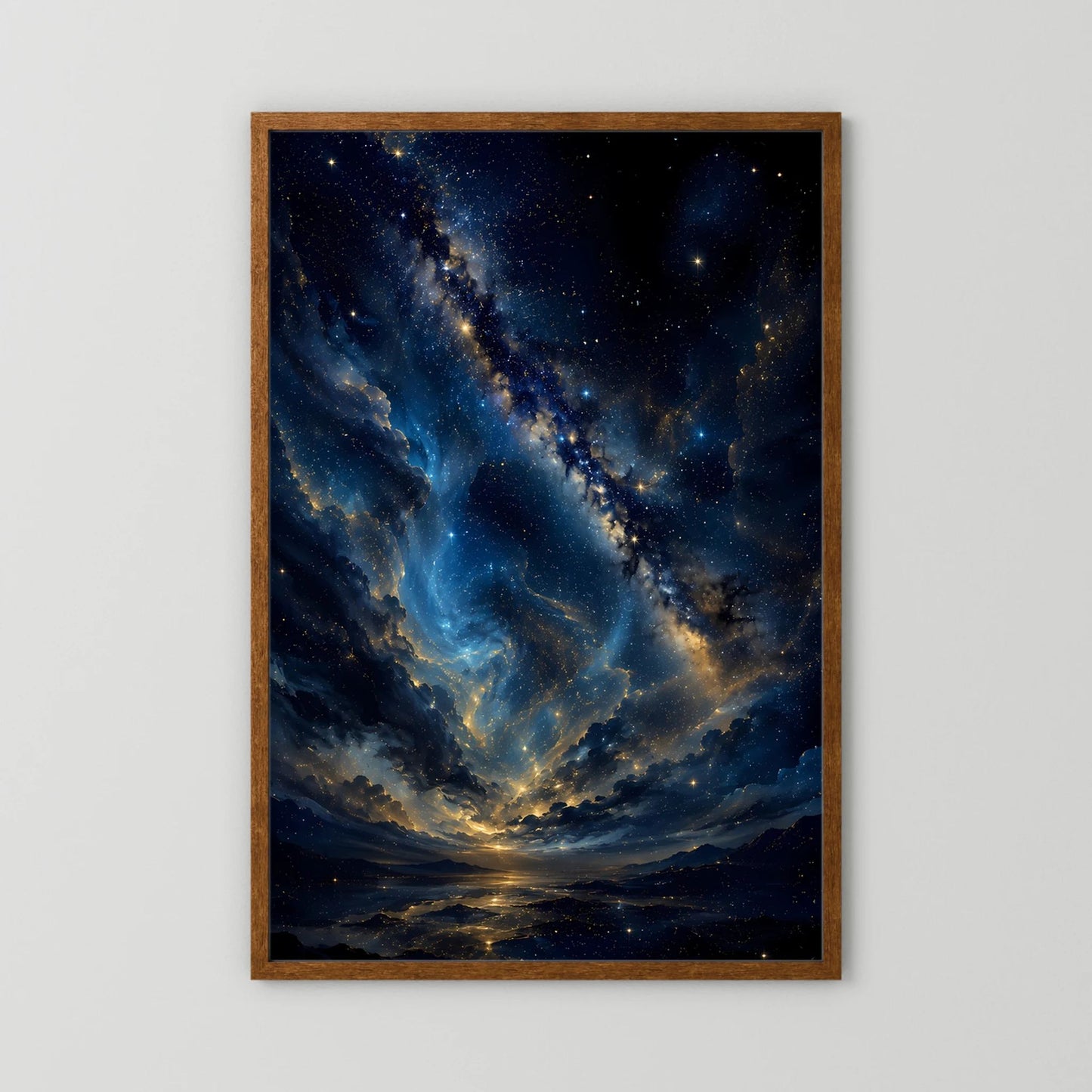 Sternenhimmel in Blau & Gold | Mystische Galaxie über Landschaft | Poster Hochformat