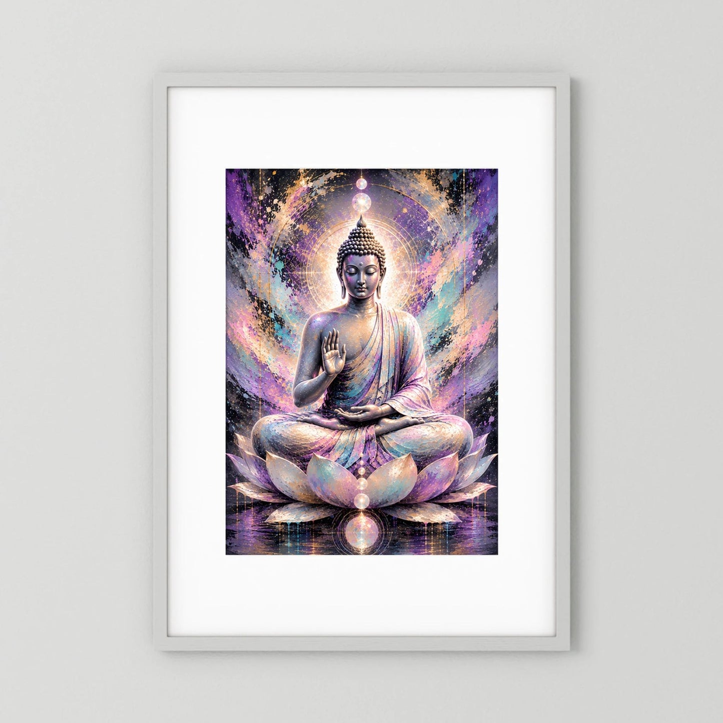 Hochformatiges Poster mit sitzendem Buddha auf Lotus, pastellfarbene Aura und Glitzereffekt