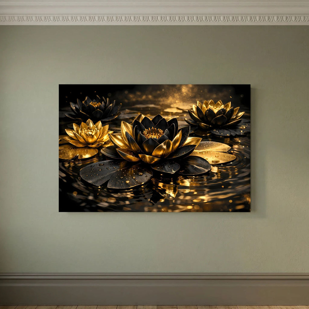 Wandbild mit goldenen Lotusblüten und Wasserreflexion, schwarz gerahmt