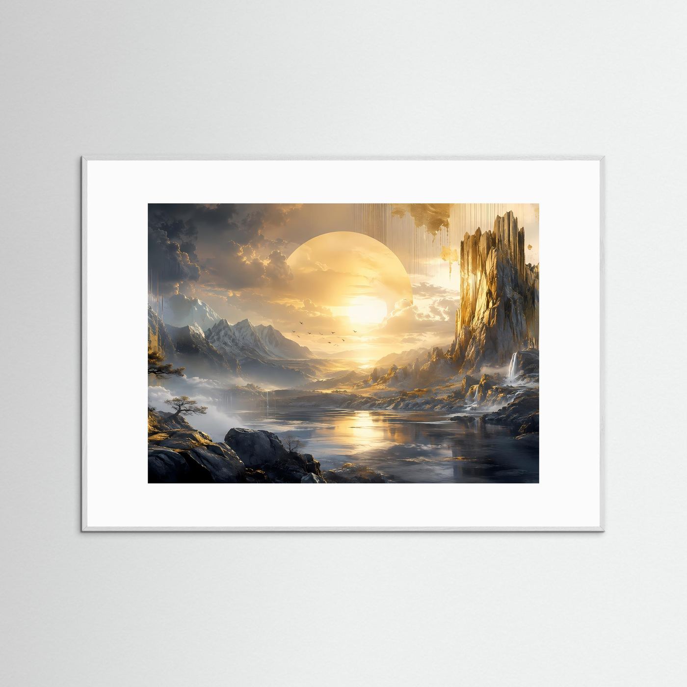 Mystische Berglandschaft mit goldener Sonne | Fantasie Landschaft in Gold & Schwarz