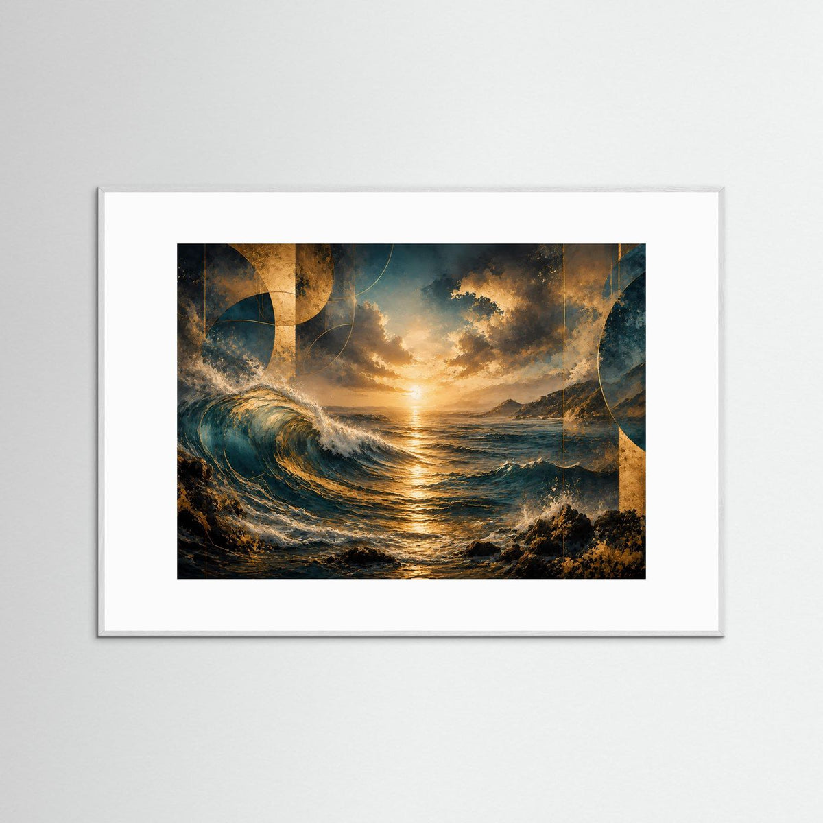 Gerahmtes Poster mit abstrakten Meereswellen und goldener Abendsonne, grauem Rahmen im Querformat