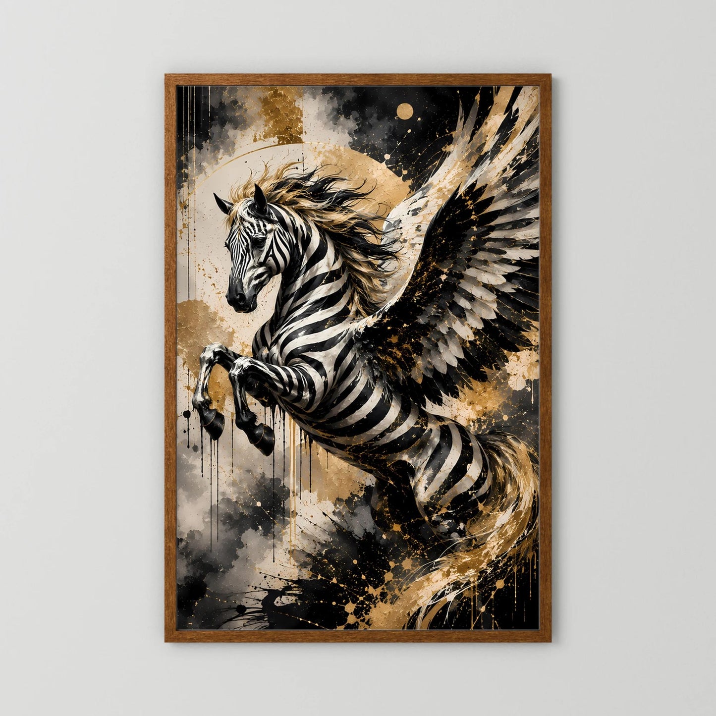 Geflügeltes Zebrapferd | Schwarz Gold abstrakte Fantasy Kunst | Poster Hochformat