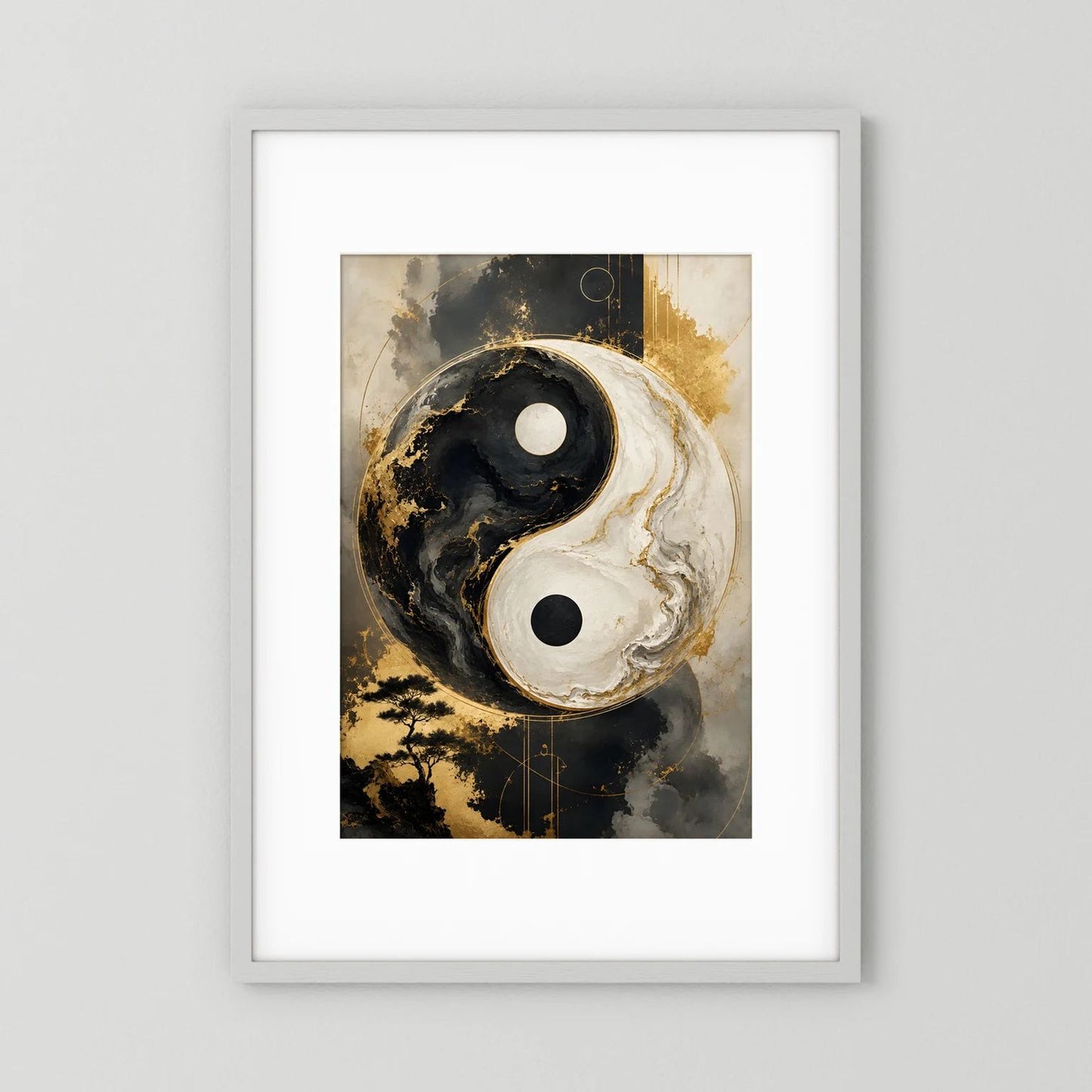 Yin-Yang-Wandbild im Hochformat: Schwarz-Weiß mit goldenen Akzenten und Landschaft
