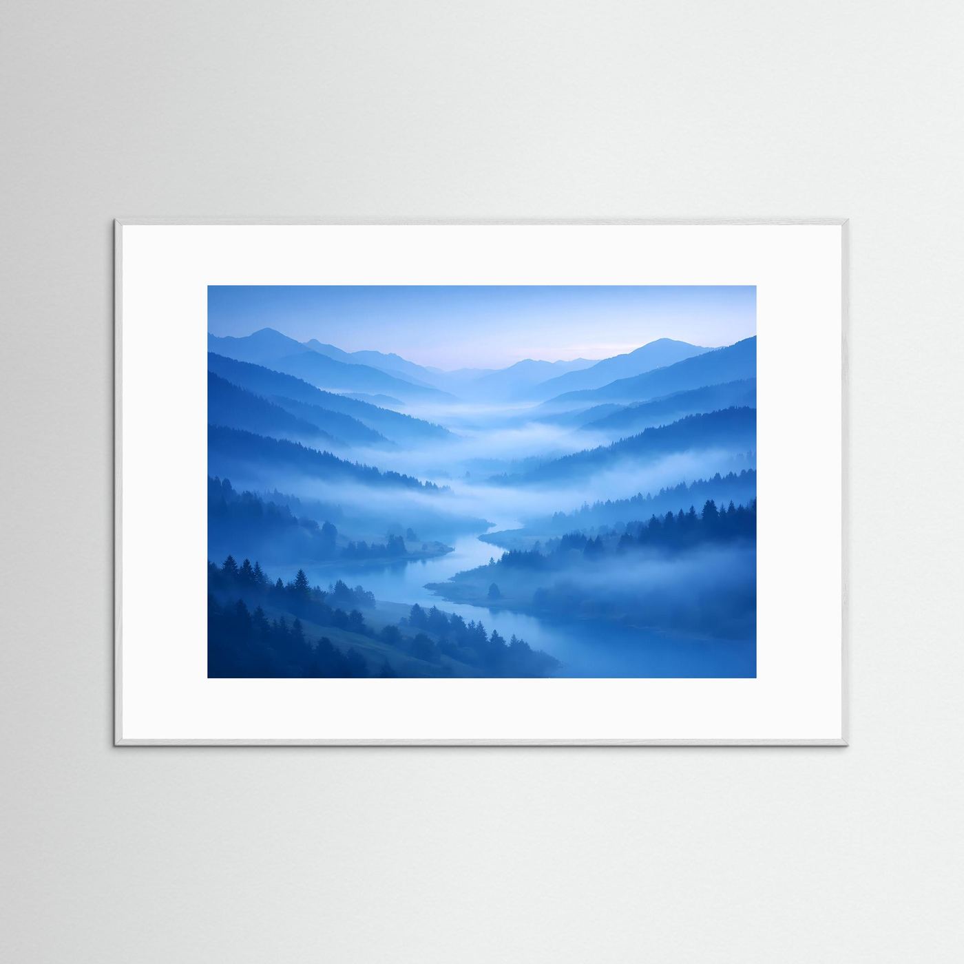 Wandbild mit Berglandschaft im Nebeltal, rechteckiger weißer Rahmen ohne Holzrahmen