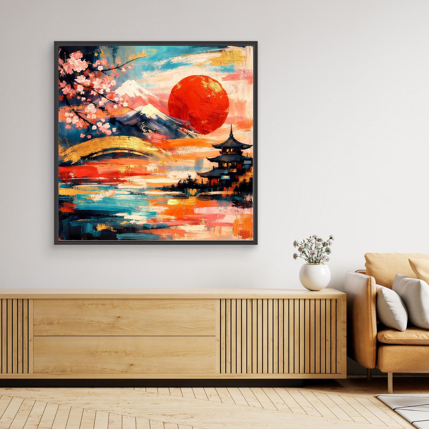 Schwarz gerahmtes Leinwand-Wandbild mit Kirschblüten, Fuji und Pagode