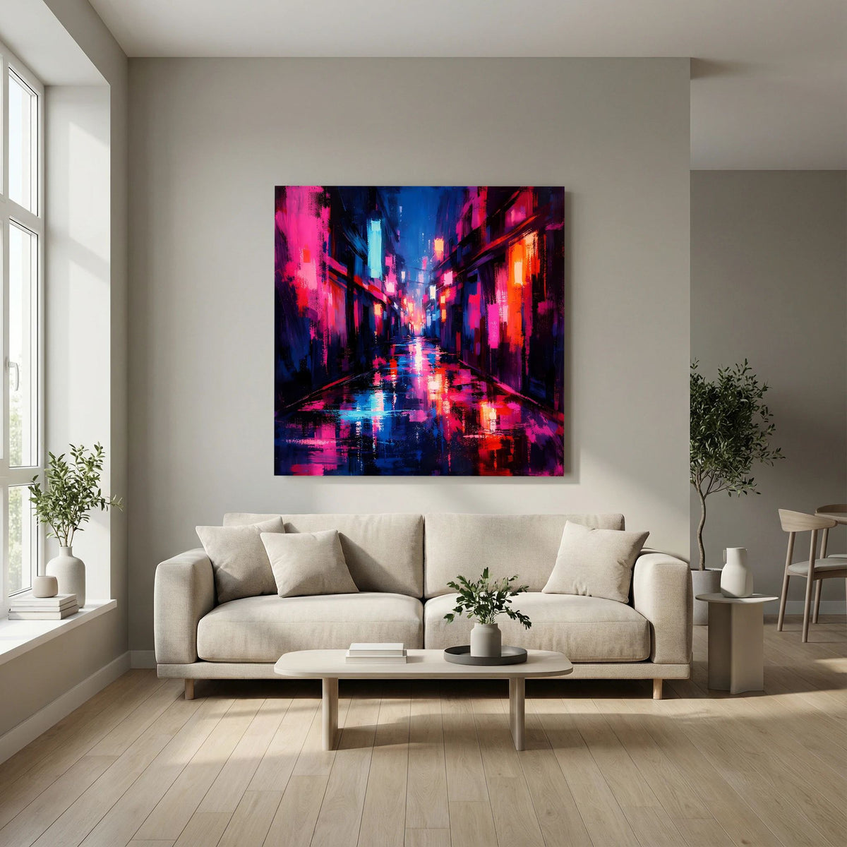 Neon-Wandbild über Sofa: Cyberpunk-Nachtgasse mit Regen, leuchtend rosa-blau und orangefarbenen Lichtern
