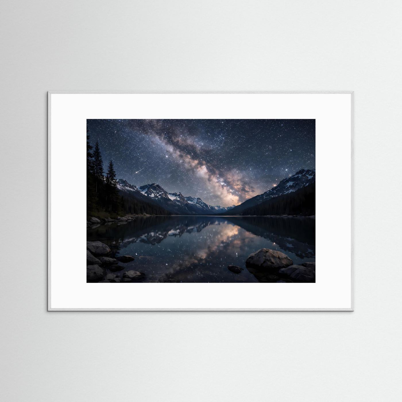 Panorama-Poster mit Bergsee bei Nacht, weißer Holzrahmen