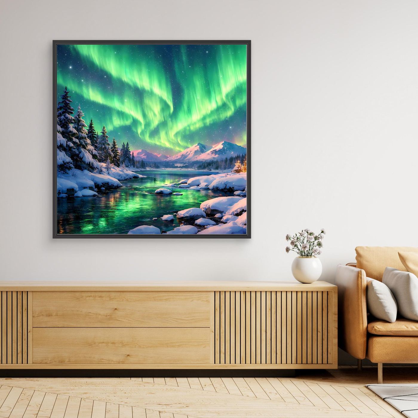 Leinwandbild Magische Polarlichter | Winterliche Polarlicht-Nacht Wandbild auf echtem Holzkeilrahmen