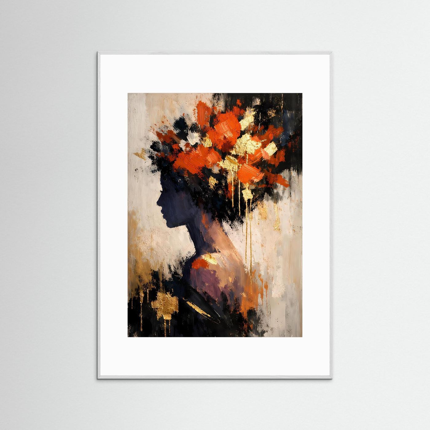 Kunstposter im Hochformat mit abstraktem Frauenportrait, orange und anthrazit im silbernen Rahmen