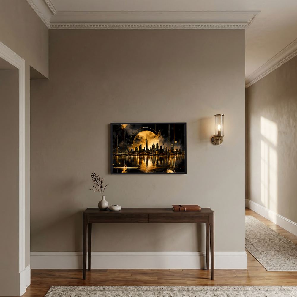 Querformatposter mit abstrakter Skyline bei Nacht und goldener Spiegelung im schwarzen Rahmen